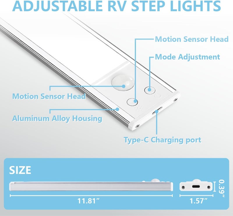 Rvhouse 2 Pack Motion Activated RV Step Lights, USB Rechargeable 72 LED Rv Light Camping Camper Lights Adjustable 3 Color for Motorhome Travel,Travel Trailers, Camper (White - Image 2